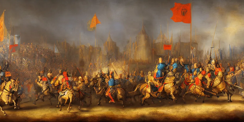 Prompt: rembrandt style painting of medieval knights jousting, grand castle tournament grounds, colorful knight tents setup with unique sigils and banners