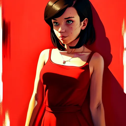 Image similar to portrait of cute girl in a red dress, gta v cover art, borderlands style, celshading, sharp focus, intricate, detailed, by rhads, andreas rocha, rossdraws, makoto shinkai, laurie greasley, lois van baarle, ilya kuvshinov and greg rutkowski, dynamic lighting, sharp focus, grunge aesthetic, 4 k