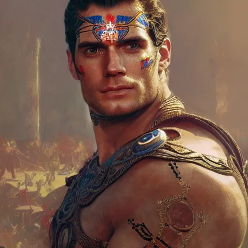 Image similar to henry cavill as an aztec warrior, athletic, face paint, muscular, intricate, highly detailed, digital painting, artstation, concept art, sharp focus, illustration, art by greg rutkowski and alphonse mucha