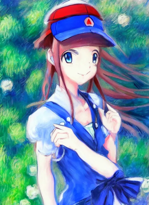 Image similar to a portrait of a female pokemon trainer, blue outfit, very anime in impressionist style, trending artwork, anime painter studio, by claude monet