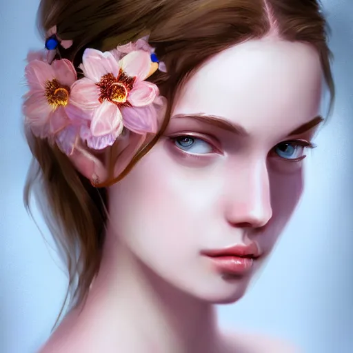 Image similar to character concept portrait of a beautiful woman with pale face, flowers in her hair, intricate, elegant, digital painting, concept art, smooth, focus, rim light