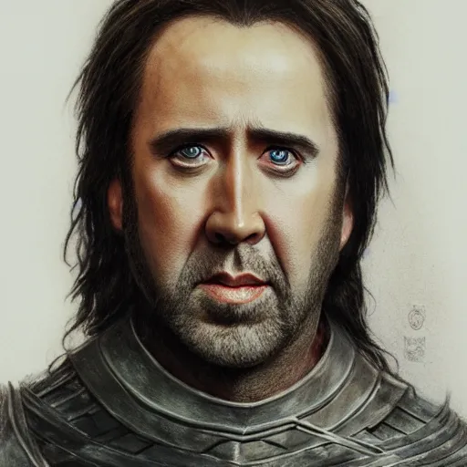 Image similar to portrait of nicolas cage as aragorn, by alan lee, lord of the rings, smooth, detailed terrain, oil painting, matte painting, concept art, trending on artstation, promotional artwork, film still, elegant, photorealistic facial features, intricate, detailed face, cinematic lighting