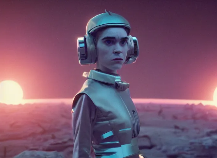 Image similar to first official image from paul thomas anderson's new space opera film starring grimes in a 1 9 7 0's moonbase. shot on alexa mini, stunning cinematography, filmgrain, kodak vision 2 0 0 t, shot composition