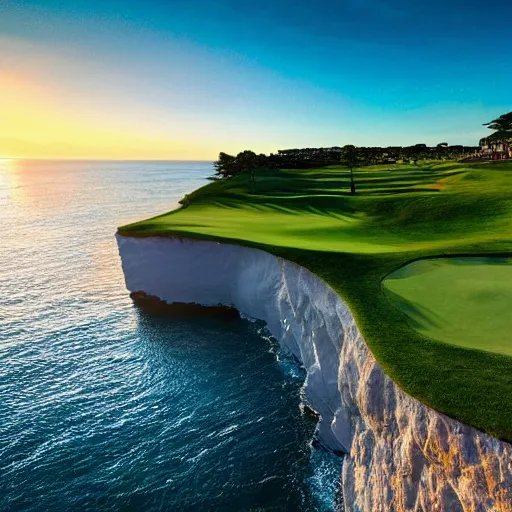 Image similar to a great photograph of the most amazing golf hole in the world, cliffs by the sea, perfect green fairway, human perspective, ambient light, 5 0 mm, golden hour