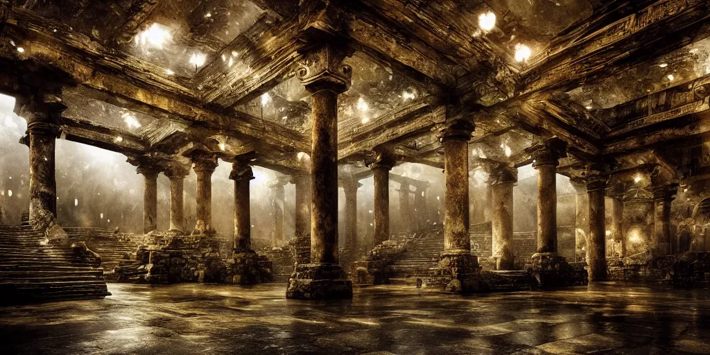 Image similar to a fantasy elven hall interior in the style of a waterfall cave, huge Greek columns, wet floors, high ceiling, dark moody lighting, foggy atmosphere, bright colors, photo by Denis Villeneuve, low angle view