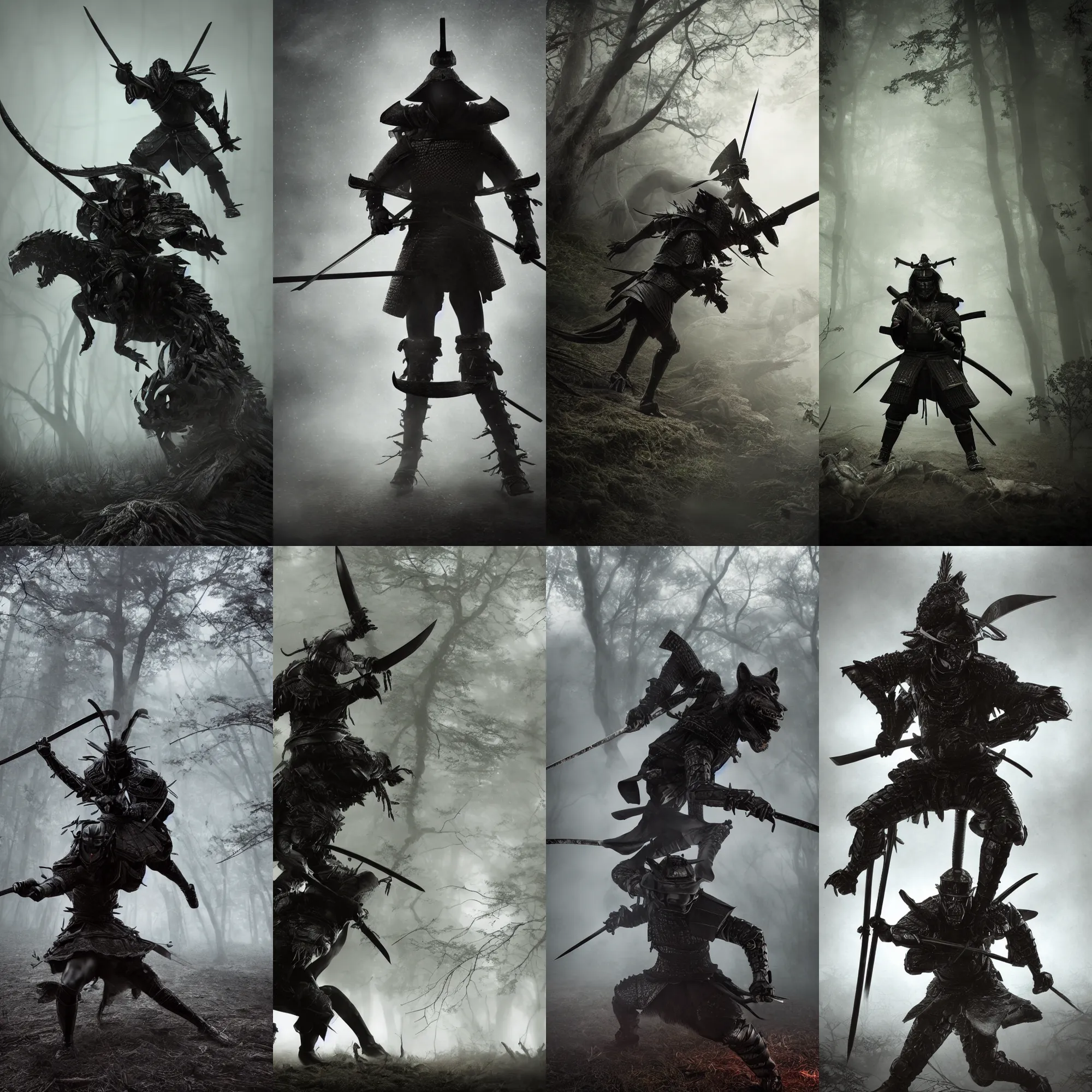 Prompt: a samurai in wicked black armor with his sword drawn ready to fight, riding a gigantic wolf spider in a dead forest, gentle fog, eerie lighting, sense of danger, 3d, ue5, volumetric lighting, photorealistic.