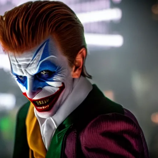Prompt: stunning awe inspiring David Bowie as The Joker 8k hdr Batman movie still amazing lighting