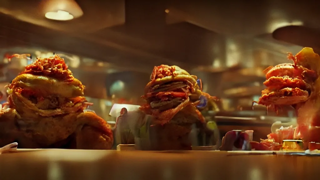 Image similar to the strange taco creature at the fast food place, film still from the movie directed by denis villeneuve and david cronenberg with art direction by salvador dali and zdzisław beksinski, wide lens