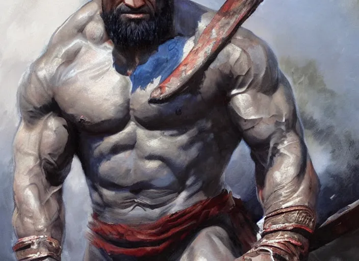 Image similar to a highly detailed beautiful portrait of dwayne johnson as kratos, by gregory manchess, james gurney, james jean