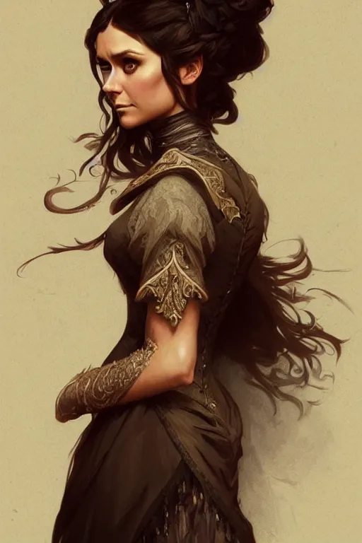 Image similar to Nina Dobrev dressed in a victorian fashion, D&D, fantasy, intricate, elegant, highly detailed, digital painting, artstation, concept art, matte, sharp focus, illustration, art by Artgerm and Greg Rutkowski and Alphonse Mucha