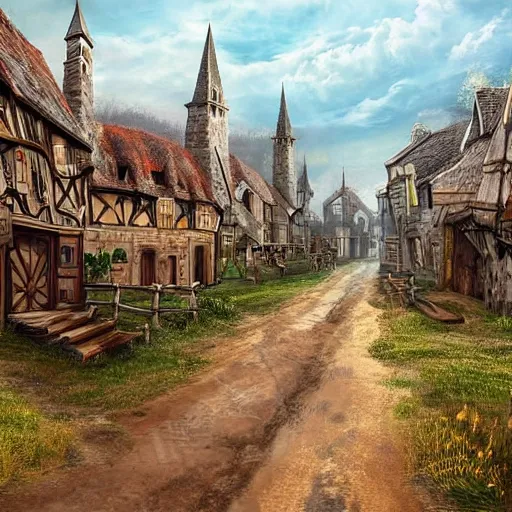 Prompt: fantasy art of a small medieval town on a grassy plain, wooden buildings, a muddy road runs through the middle of town