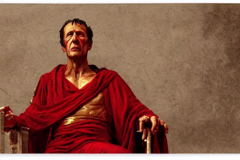 Image similar to a tired, lonely and broken julius caesar is sitting on his throne. face is highly detailed. splices of red are running down his toga. mist. color scheme red and gold. soft light. low angle medium shot. imagined by greg rutkowski and jean - leon gerome