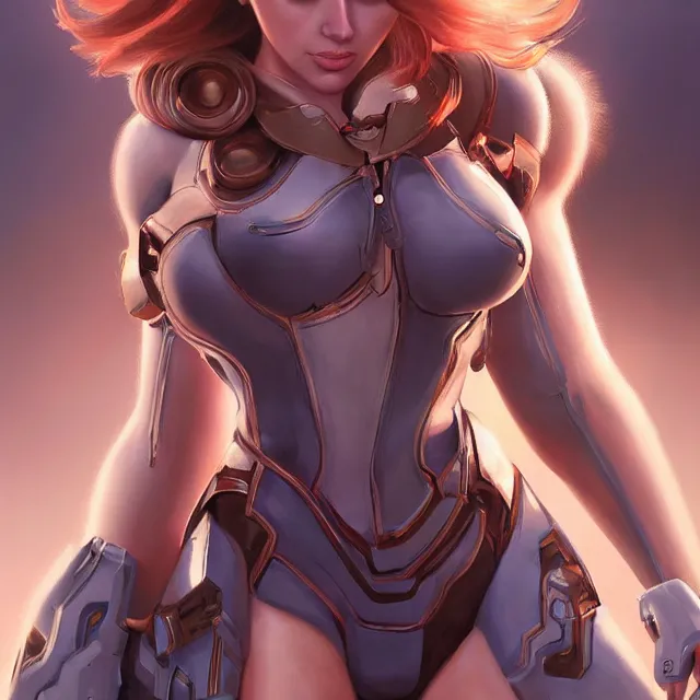 Image similar to detailed portrait of scarlett johansson as a female bodybuilder d. va from overwatch, attractive, beautiful, fantasy, intricate, elegant, highly detailed, digital painting, artstation, concept art, matte, sharp focus, illustration, art by aenaluck, artgerm and roberto ferri and greg rutkowski, epic fantasy, digital painting