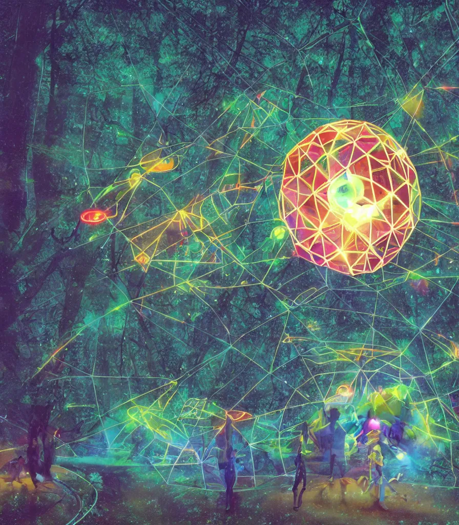 Image similar to brilliant alien geodesic saucer with glowing colorful lights flying through a foggy forest, leaving a light trail, windy flying leaves,scientific illustration by Ernst Haekel, Hayao Miyazaki, Buckminster Fuller, Salvador Dalí, Mark Magiori, color illustration with orthographic views