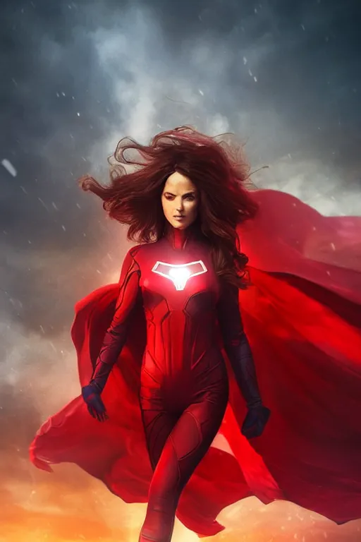 Image similar to marvel superhero, beautiful woman, floating in the air, red tight costume and red long hair, black cloak, power field around her, detailed portrait, dark background texture, 8 k, concept art, illustration by john byrne and terry austin. cinematic dramatic atmosphere, sharp focus, volumetric lighting, cinematic lighting, studio quality