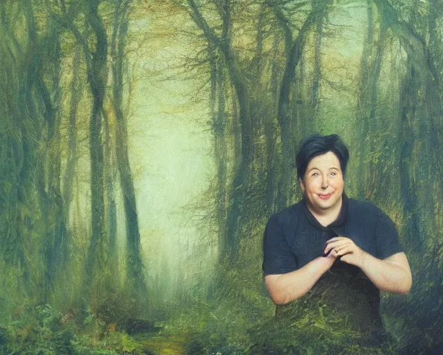 Image similar to an oil painting of michael mcintyre in a forest, intricate, elegant, highly detailed, turner