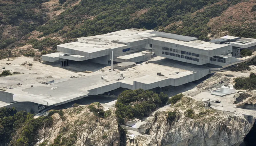 Image similar to big military base perched on a cliff overlooking a magnificient bay, laboratory, drawing architecture, science fiction, pritzker architecture prize, greig fraser