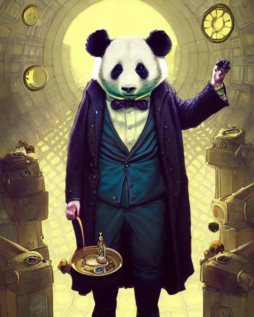 Image similar to anthropomorphic art of a detective panda inside tardis, victorian inspired clothing by artgerm, victo ngai, ryohei hase, artstation. fractal papersand books. highly detailed digital painting, smooth, global illumination, fantasy art by greg rutkowsky, karl spitzweg, doctor who