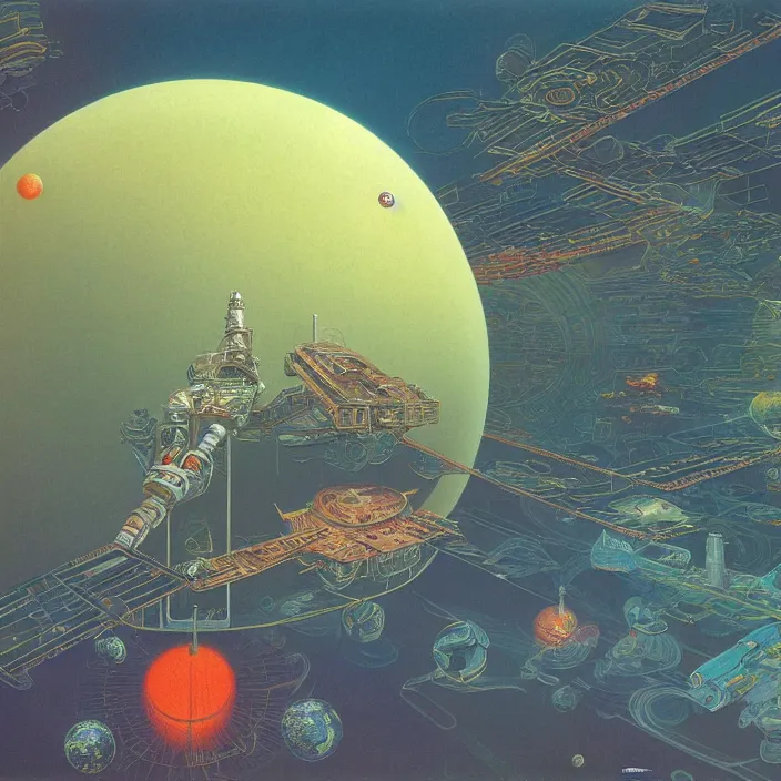 Image similar to chinese kowloon spacecraft, science fiction, extremely detailed, pastel colors, intricate, hard light, flat, illustration, volumetric lighting, digital painting, by roger dean, by alex grey, by bruce pennington