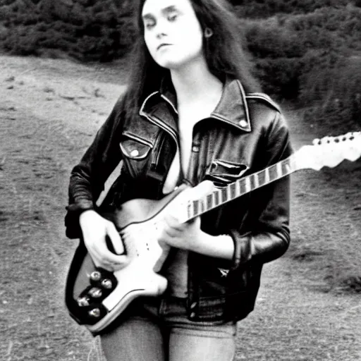 Image similar to 19-year-old girl, thick black shaggy hair, wearing leather jacket and denim jeans, holding electric guitar, stoner rock, super 8mm, 1973