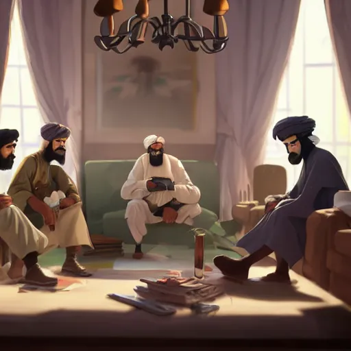 Image similar to a wholesome animation key shot of osama bin laden sitting with taliban elders, medium shot, waist up, studio ghibli, pixar and disney animation, sharp, rendered in unreal engine 5, anime key art by greg rutkowski, bloom, dramatic lighting