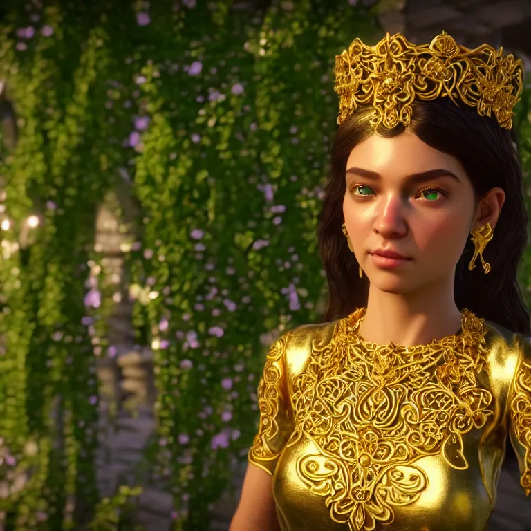 Image similar to princess of vines with a clear skin, ornate 8 k gorgeous intricate gold detailed unreal engine rendered