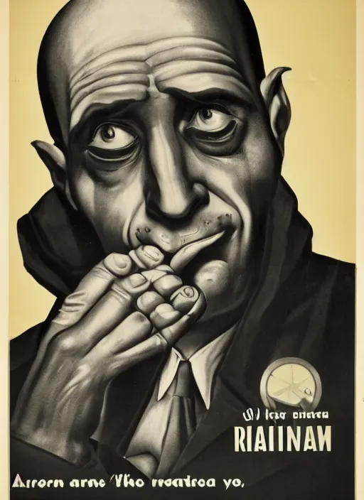 Image similar to portrait of glamorous bald medieval man with big nose and annoyed gesture, threatening pose, 1940s propaganda poster, full hd,highly detailed