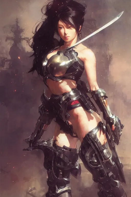 Prompt: full body girl hitomi tanaka metal armor holding a gunsword dramatic poses beautifull face no blur painting by gaston bussiere, greg rutkowski, yoji shinkawa, tim hildebrandt, sharp, details, hd, 8 k