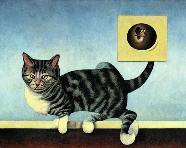 Prompt: a cat observer of attitude change by carrington, bosch, dali, barlowe, magritte