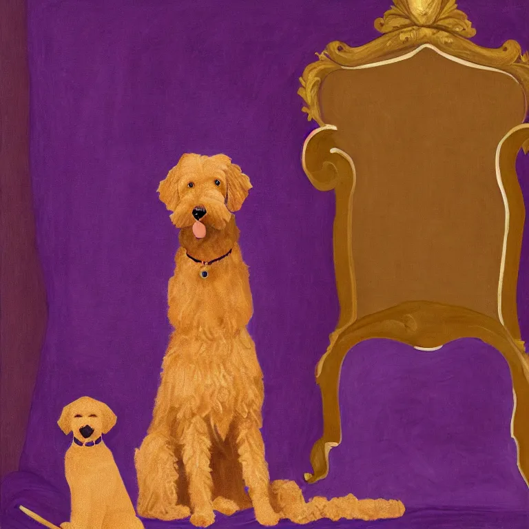 Image similar to a portrait of an empty royal throne, flanked by an orange tabby sitting on a floating purple pillow to the left of the throne, flanked by a brown goldendoodle sitting on a floating purple pillow to the right of the throne, oil on canvas, soft lighting, 8 k