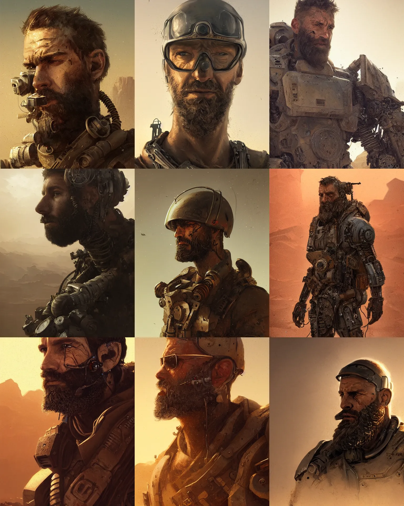 Prompt: a bearded rugged mercenary man with cybernetic enhancements lost in the desert, scifi character portrait by greg rutkowski, esuthio, craig mullins, 1 / 4 headshot, cinematic lighting, dystopian scifi gear, gloomy, profile picture, mechanical, half robot, implants, steampunk