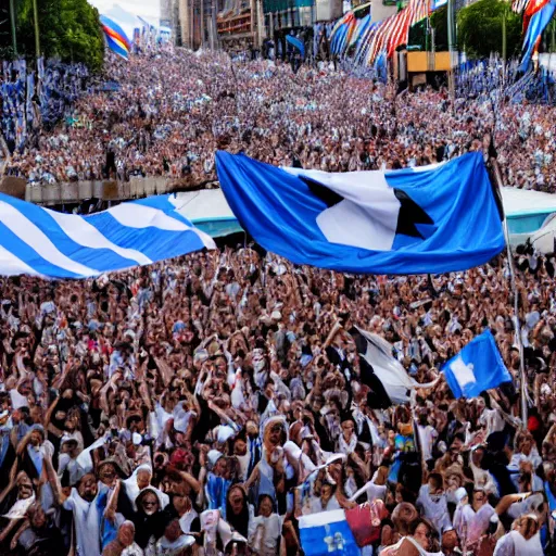 Image similar to Lady Gaga as president, Argentina presidential rally, Argentine flags behind, bokeh, giving a speech, detailed face, Argentina