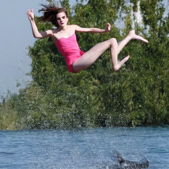 Prompt: emma watson jumping on water
