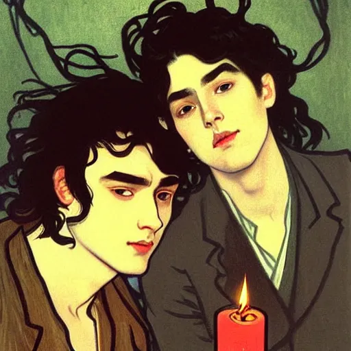 Image similar to painting of young cute handsome beautiful dark medium wavy hair man in his 2 0 s named shadow taehyung and cute handsome beautiful min - jun together at the halloween! party, bubbling cauldron!, candles!, smoke, autumn! colors, elegant, wearing suits!, clothes!, delicate facial features, art by alphonse mucha, vincent van gogh, egon schiele