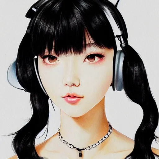 Image similar to realistic beautiful gorgeous natural cute Blackpink Lalisa Manoban black hair fur black cat ears, wearing white camisole summer outfit, headphones, black leather choker artwork drawn full HD 4K highest quality in artstyle by professional artists WLOP, Aztodio, Taejune Kim, Guweiz on Pixiv Instagram Artstation