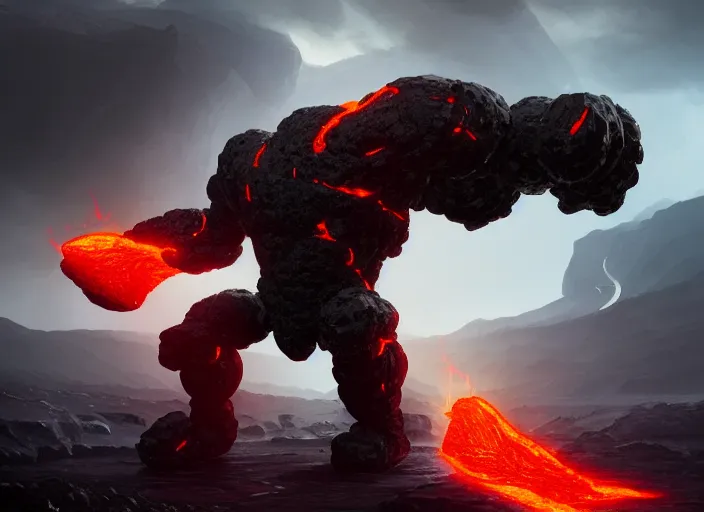 Image similar to epicly designed very muscular stone obsidian robot with human body fighting a deadly beast made from lava with background by greg rutkowski, trending on artstation