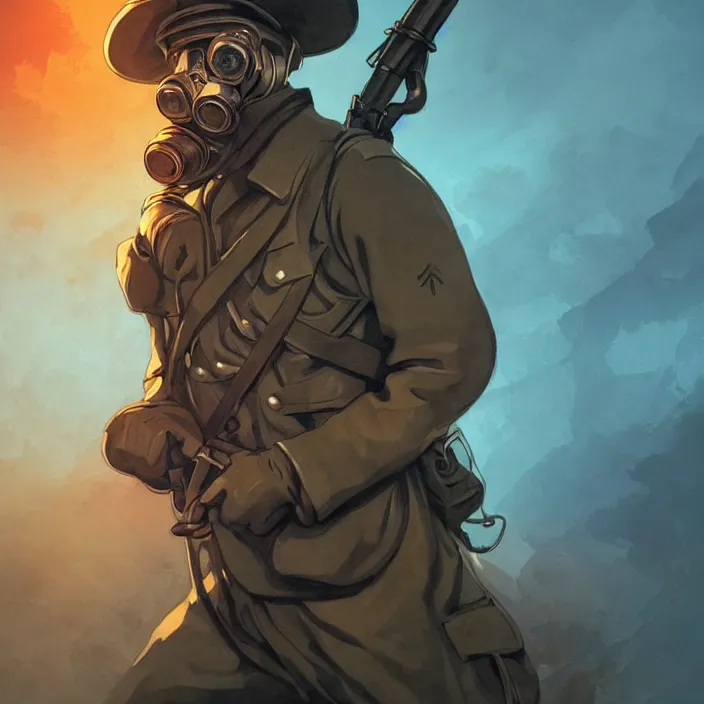 Prompt: portrait of a scary ww 1 german soldier with gas mask and rifle running towards us, dark stormy background, in the style of artgerm and charlie bowater and atey ghailan and mike mignola, epic cold blue lighting, strong rim light, vibrant colors and hard shadows and strong rim light, comic cover art, plain background, trending on artstation