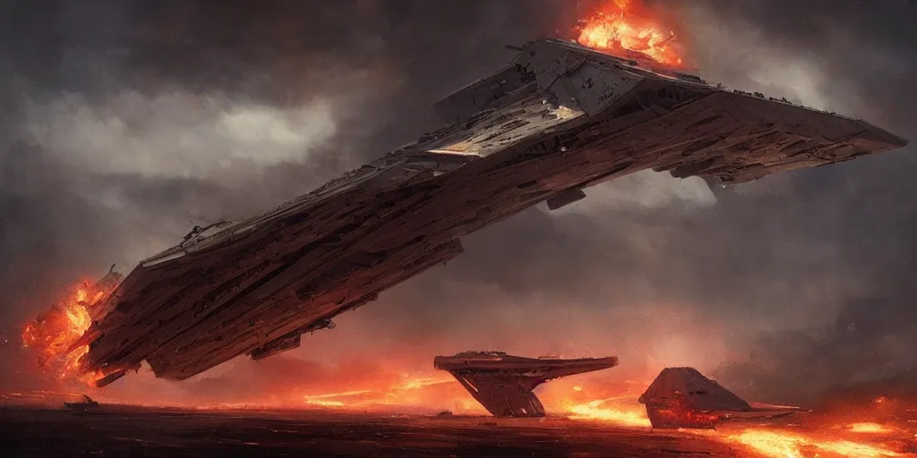Image similar to a painting of a cinematic keyframe of star wars a destroyed imperial star destroyer ship, heavy atmosphere, fire and smoke by greg rutkowski, rule of thirds, golden ratio, ambient lighting, wlop, artgerm, artstation, highly detailed masterpiece, dark fantasy art, high detail, trending on artstation