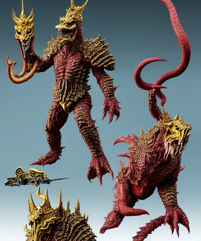 Prompt: hyperrealistic rendering, epic boss fight, ornate king emporer jewel crown war armor battle, kaiju beast god, by art of skinner and richard corben, product photography, collectible action figure, sofubi