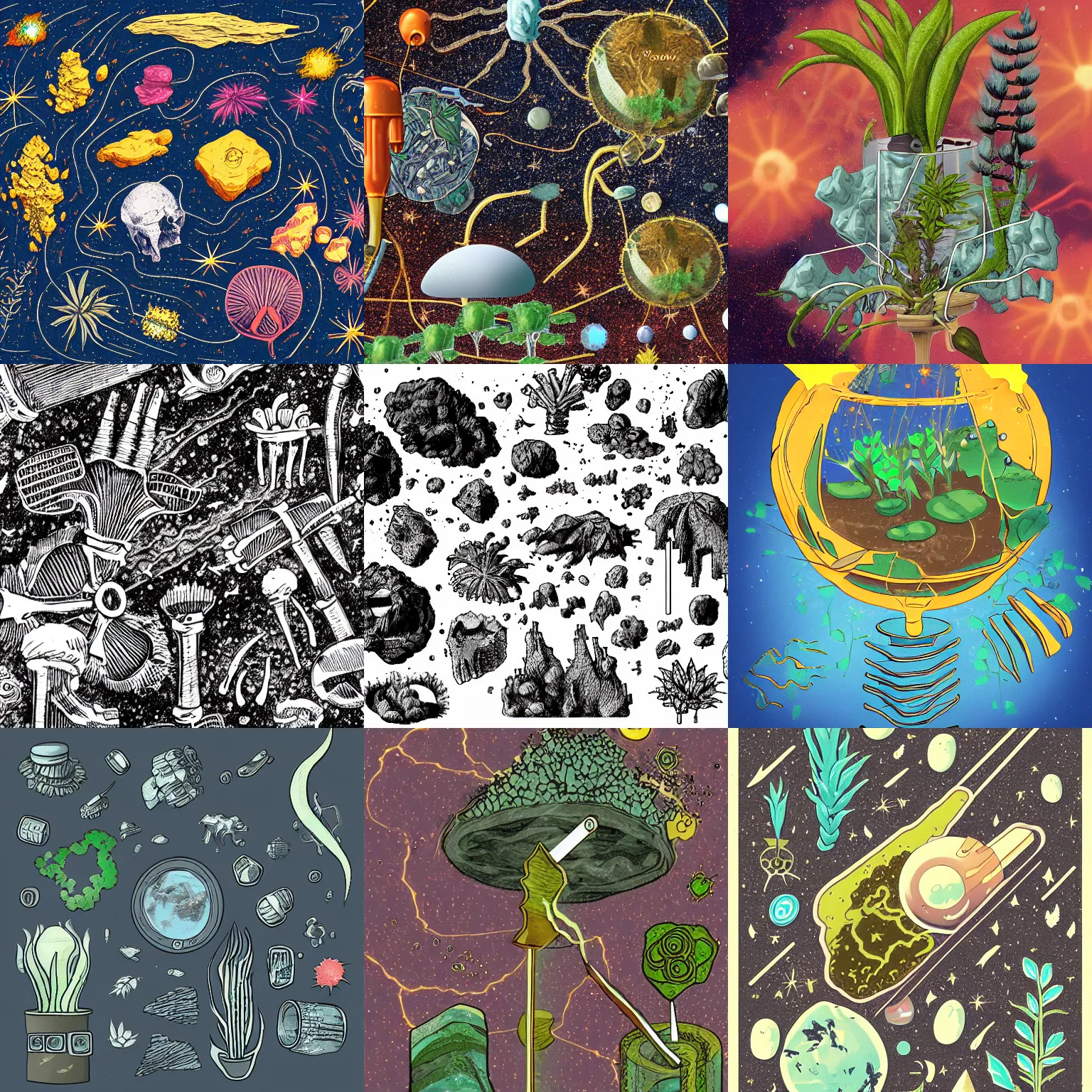 Prompt: plants, minerals, bones, sparks, floating in the vacuum, artist rendition, detalles, grainy