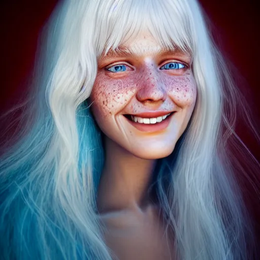 Prompt: beautiful hyperreal portrait of a cute woman smiling softly, long white hair and bangs, a few cute freckles on cheeks and nose, blue eyes, very detailed face, by irakli nadar and juan francisco casas, golden hour, soft focus, 8 k, portra 4 0 0