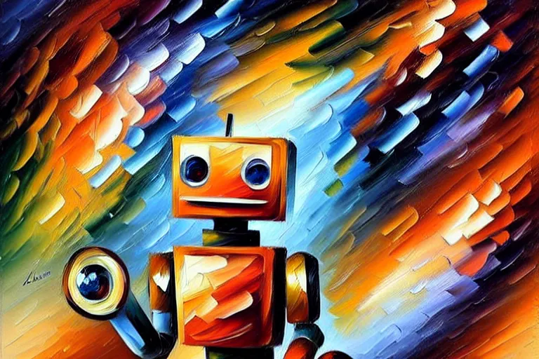 Image similar to a cute little robots painting by leonid afremov