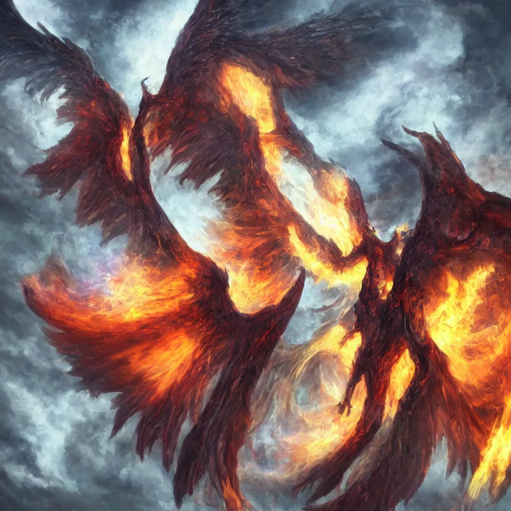 Image similar to a demon with huge nacreous fire wings