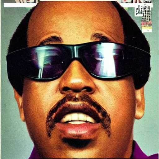 Image similar to Stevie wonder reading the newspaper looking intrigued, cover magazine, photo