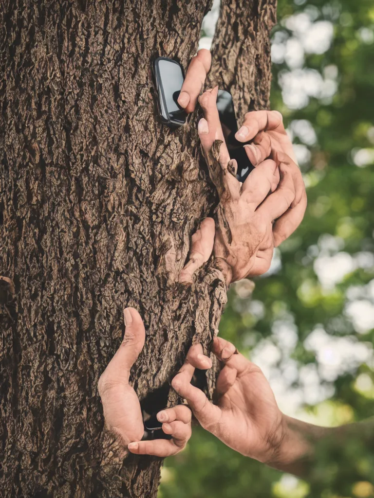 Prompt: condemed tatalus alone reaching for mobile phone growing from tree, wood cut