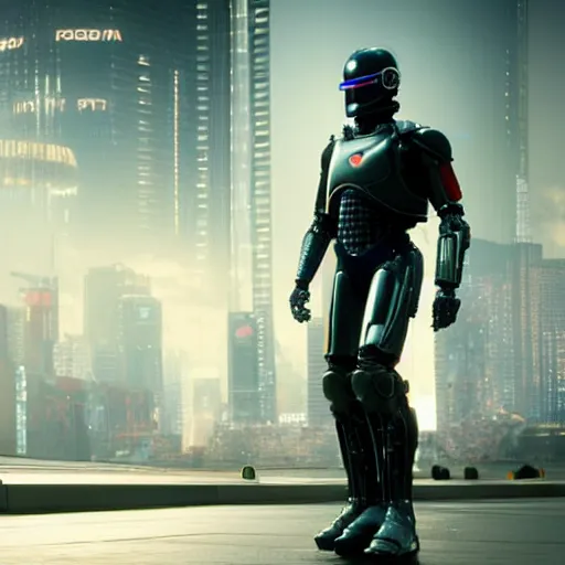 Image similar to ultra realist render of robocop facing keanu reeves in cyberpunk 2 0 7 7, symmetry accurate features, focus, very intricate ultrafine details, aqua volumetric lights, award winning masterpiece, octane render 8 k hd