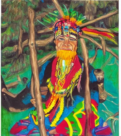 Image similar to Painting of a shaman dressed in a colorful traditional clothes. He is sitting in a forest next to a campfire, singing