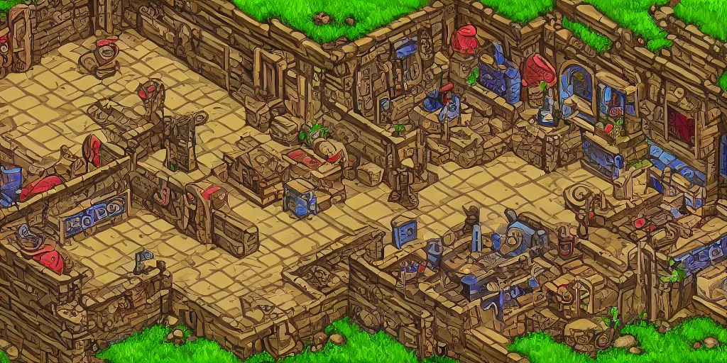 Image similar to A high detailed ìsometric vector art presenting an aerial view of a RPG tavern by Breath of Fire 4, Patreon content, containing tables and walls, HD, straight lines, vector, grid, dnd map, map patreon, fantasy maps, foundry vtt, fantasy grounds, aerial view ,dungeondraft , tabletop, inkarnate, dugeondraft, roll20