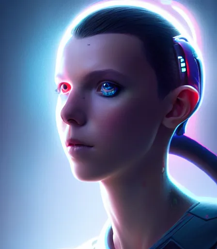 Image similar to beautiful portrait of a cyberpunk goddess who looks like Millie Bobby Brown , character design by charlie bowater, ross tran, artgerm, and makoto shinkai, detailed, soft lighting, rendered in octane