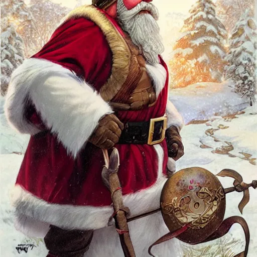 Image similar to santa claus wearing a viking helmet, art by artgerm, greg rutkowski and alphonse mucha